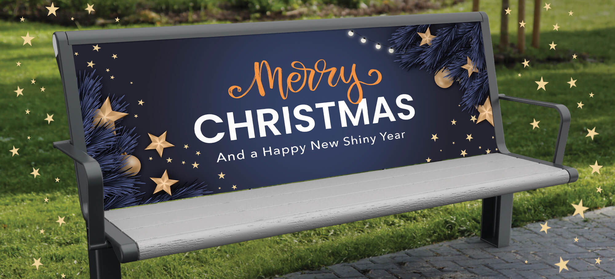 Bench seat with a Merry Christmas message on it
